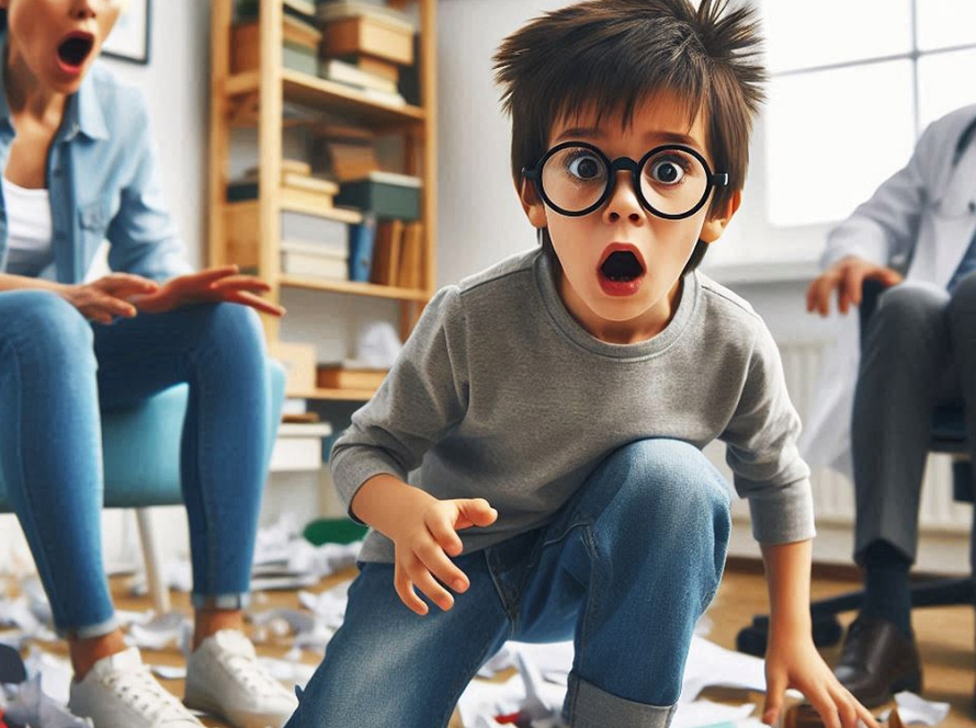 A hyperactive adhd boy with his mother while he messes up the doctor's office.